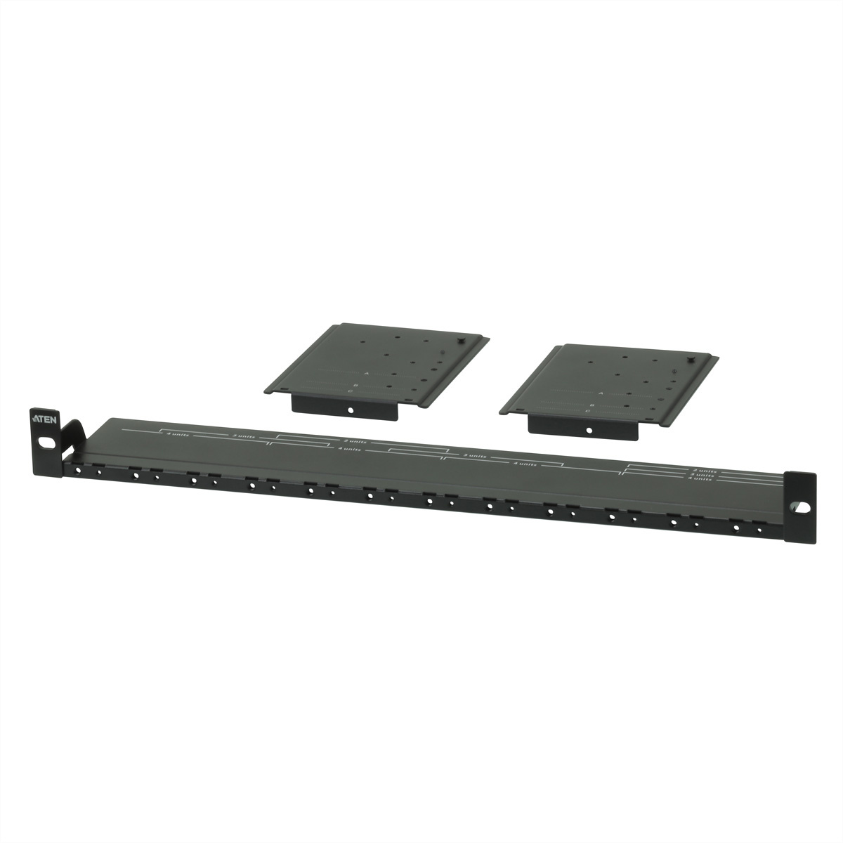 Aten Video Verlenger rekmontagepakket. Soort: Montageplaat, Kleur van het product: Zwart, Rackcapaciteit: 1U. Breedte: 482,4 mm, Diepte: 43,9 mm, Hoogte: 146 mm. Aantal per verpakk