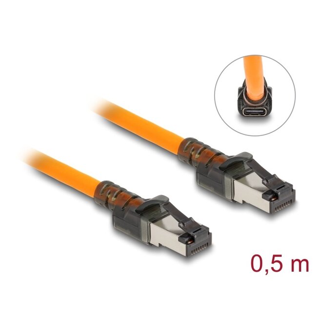 Delock RJ45 Network Cable with USB Type-C™ port finder function Self Tracing Cat.6A S/FTP 0.5 m orange
