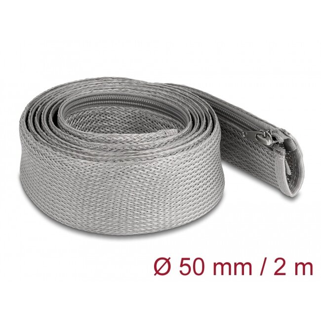 Delock Braided Sleeve with zip fastener heat-resistant 2 m x 50 mm grey