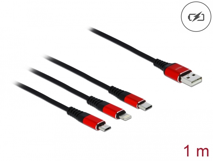 DeLOCK 85892. Snoerlengte: 1 m, Aansluiting 1: USB A, Aansluiting 2: USB C/Micro-USB B/Lightning, USB-versie: USB 2.0, Kleur van het product: Zwart, Rood