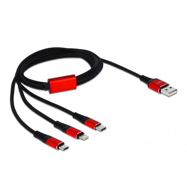 Delock USB Charging Cable 3 in 1 Type-A to Lightning™ / Micro USB / USB Type-C™ 1 m black / red