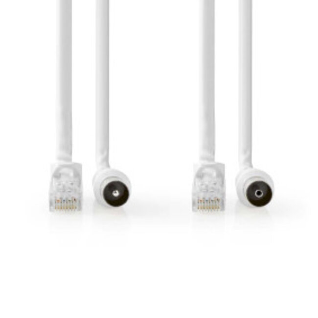 Coax- en CAT6-Combikabel | IEC (Coax) Male / RJ45 Male | IEC (Coax) Female / RJ45 Male | Vernikkeld | RG58 | 75 Ohm | Dubbel Afgeschermd | 1.50 m | Rond | PVC | Wit | Label