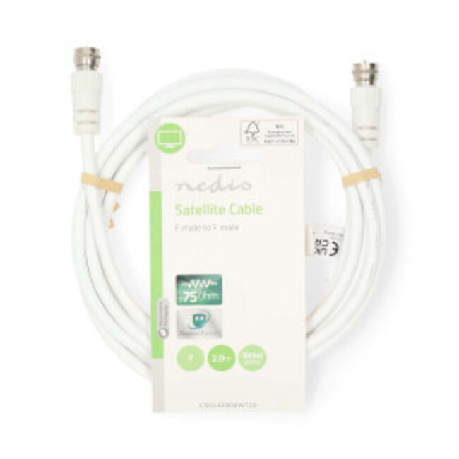 Satelliet- en Antennekabel | F-Male | F-Male | Vernikkeld | 75 Ohm | Dubbel Afgeschermd | 2.00 m | Rond | PVC | Wit | Label
