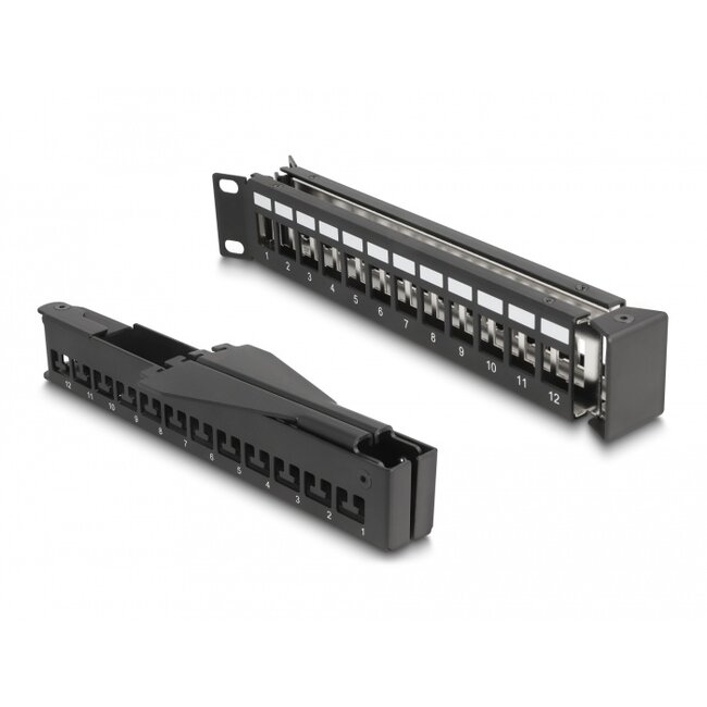 Delock 19″ Keystone Patch Panel 24 port with strain relief 1U angled black