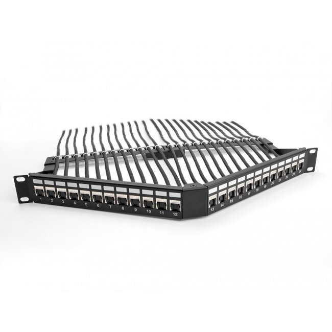 Delock 19″ Keystone Patch Panel 24 port with strain relief 1U angled black
