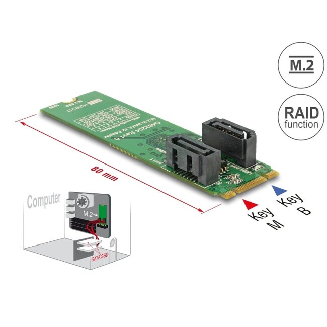Delock Converter M.2 Key B+M male > 2 x SATA 7 pin male with RAID