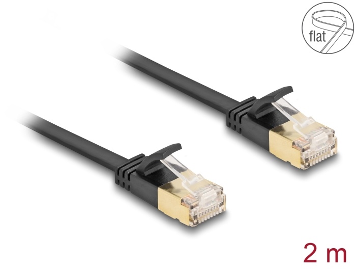 Delock RJ45 Network Cable Cat.6A plug to plug with robust latch and Cat.7 raw flat cable U/FTP 2 m black |