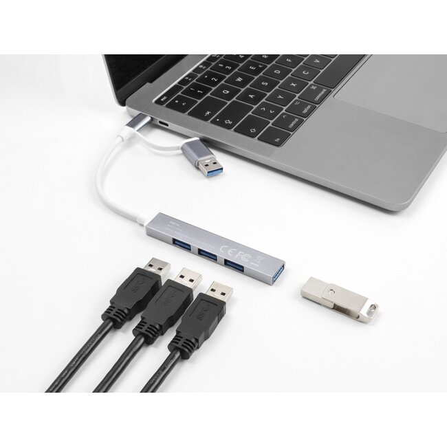 Delock 4 Port Slim USB Hub with USB Type-C™ or USB Type-A to 3 x USB 2.0 Type-A female + 1 x USB 5 Gbps Type-A female