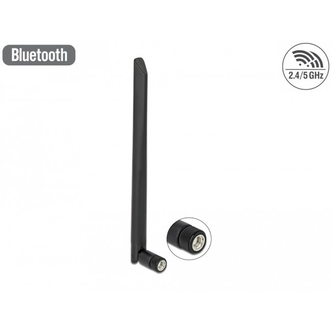 Delock WLAN 802.11 a/ax/a/b/g/n Antenna RP-SMA plug 5 dBi 20 cm omnidirectional with tilt joint flexible and rubber surface black