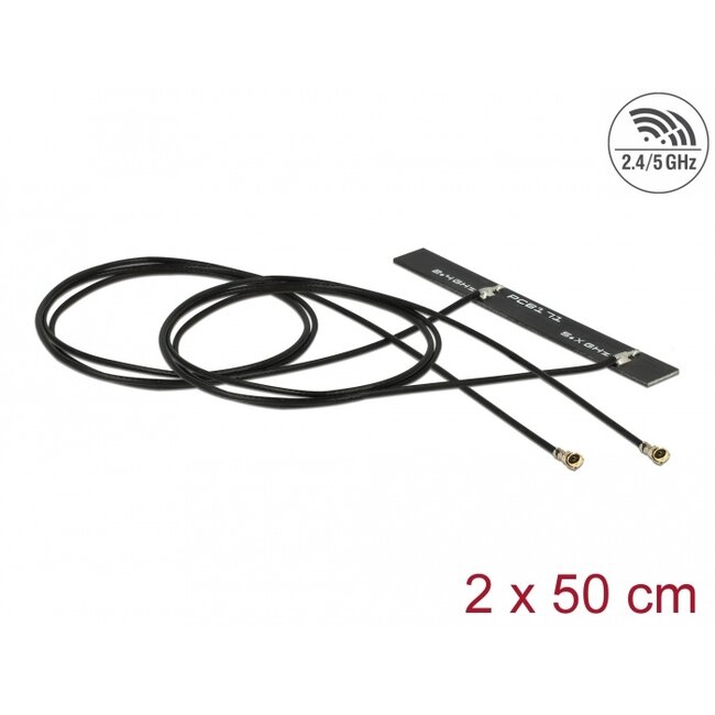 Delock Dual Band WLAN WiFi 6 Twin Antenna 2 x I-PEX Inc., MHF® 4L plug 3 - 5 dBi 1.13 2 x 50 cm PCB internal self adhesive