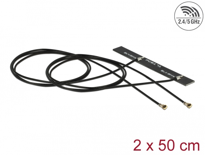 Delock Dual Band WLAN WiFi 6 Twin Antenna 2 x MHF® 4L plug 3 - 5 dBi 1.13 2 x 50 cm PCB internal self adhesive |
