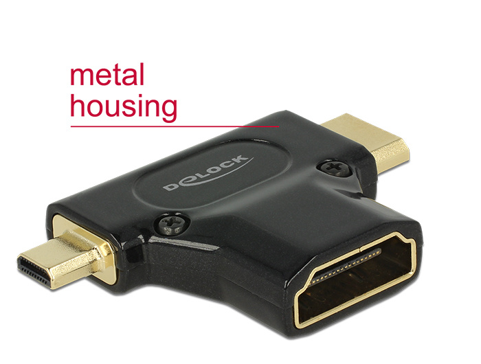 DeLOCK HDMI-A/HDMI Mini-C+ Micro-D, F/M+M. Aansluiting 1: HDMI, Aansluiting 2: Mini-HDMI + Micro-HDMI, Aansluiting 1 type: Vrouwelijk. Breedte: 27,7 mm, Diepte: 41,8 mm, Hoogte: 8,