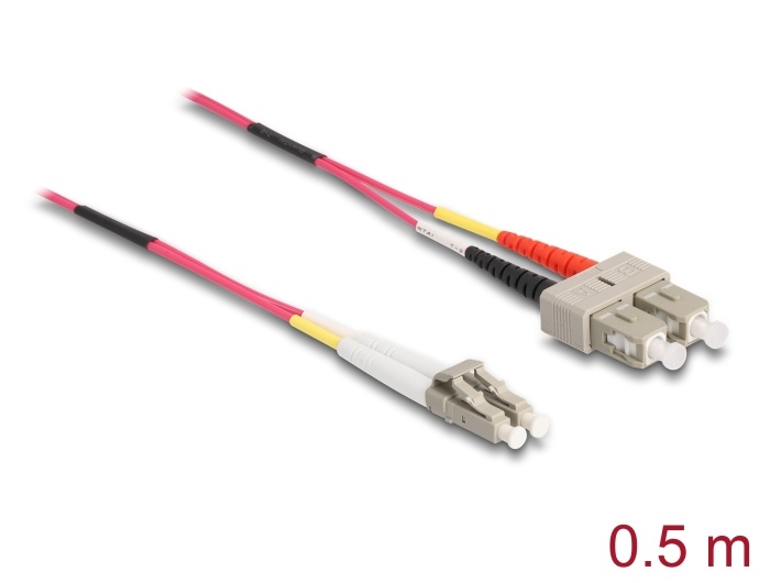 DeLOCK 86546. Snoerlengte: 0,5 m, Type glasvezel: OM4, Aansluiting 1: LC, Aansluiting 2: SC, Kern diameter: 50 µm, Full duplex