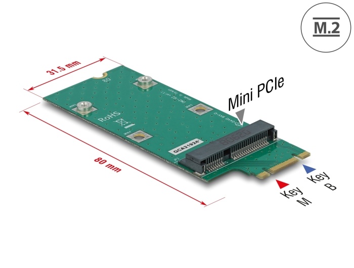DeLOCK 64103. Hostinterface: M.2, Output interface: Mini PCIe, Uitbreidingskaart vormfactor: Full-height / Half-length. Kleur van het product: Groen. Breedte: 31,5 mm, Diepte: 80 m
