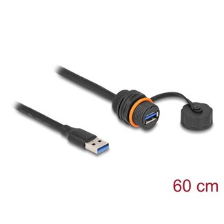 DeLOCK Delock USB 5 Gbps Cable USB Type-A male to USB Type-A female for installation with M20 thread and protective cap IP68 dust and waterproof 60 cm black