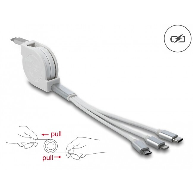 Delock USB Type-C™ 3 in 1 Retractable Charging Cable for Lightning™ / Micro USB / USB Type-C™ white