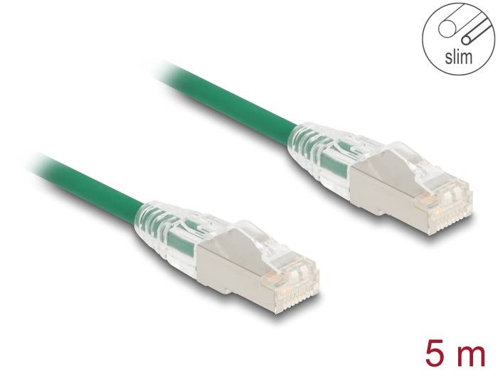 Delock RJ45 Network Cable Cat.6A plug to plug with curved latch U/FTP Slim 5 m green |