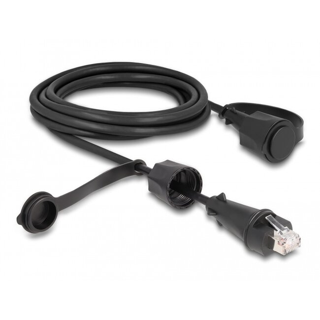Delock Network Cable RJ45 plug to RJ45 plug Cat.6 STP with protective cap outdoor IP68 dust- and waterproof black 3 m