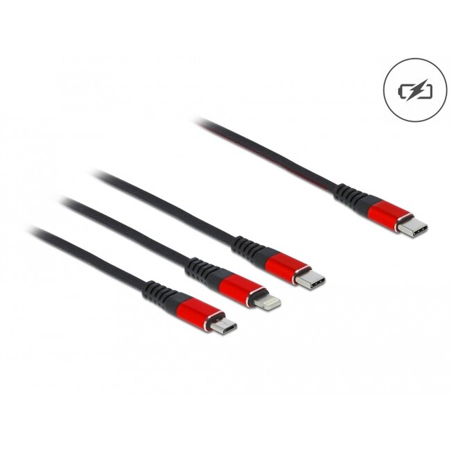 Delock USB Charging Cable 3 in 1 USB Type-C™ to Lightning™ / Micro USB / USB Type-C™ 30 cm black / red