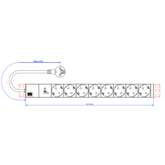 BACHMANN 19" 1U 8xCEE7/3 sw 1xSPD-Plus 2,0m CEE7/7