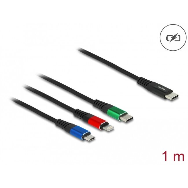Delock USB Charging Cable 3 in 1 USB Type-C™ to Lightning™ / Micro USB / USB Type-C™ 1 m