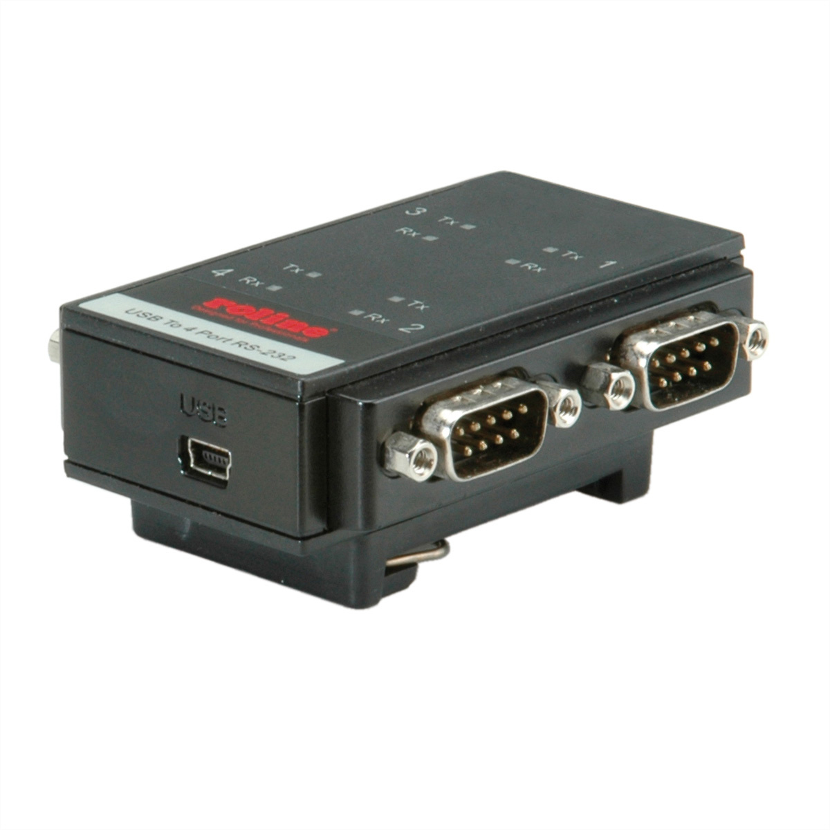 Roline USB 2.0 to RS232 Adapter, for DIN Rail 4 Ports Zwart kabeladapter/verloopstukje