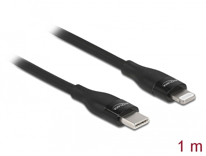 DeLOCK 86637. Snoerlengte: 1 m, Aansluiting 1: Lightning, Aansluiting 2: USB C. Spanning: 9 V, Uitgangsstroom (max): 3 A. Diameter van de kabel: 3,7 mm. Aantal per verpakking: 1 st