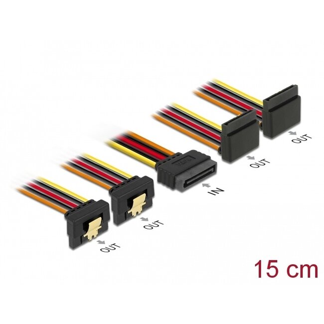 Delock Cable SATA 15 pin power plug with latching function > SATA 15 pin power receptacle 2 x down / 2 x up 15 cm