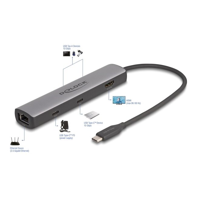 Delock USB 40 Gbps USB Type-C™ Docking Station 8K - HDMI / USB 10 Gbps / 2.5 Gigabit LAN / PD 3.0 100 W