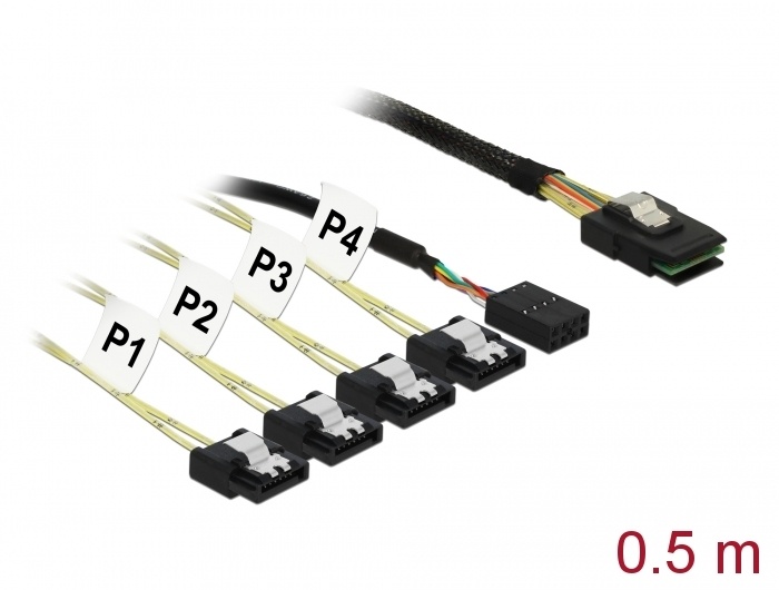 DeLOCK 0.5m, Mini SAS SFF-8087/4xSATA 7p. Lengte snoer: 0,5 m, Sexe: Mannelijk/Vrouwelijk. Kleur van het product: Zwart, Zilver, Geel. Aansluiting 1: Mini SAS SFF-8087, Aansluiting