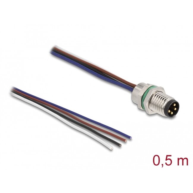 Delock M8 panel-mount cable A-coded 4 pin male for panel with open cable ends front mounting 0.5 m