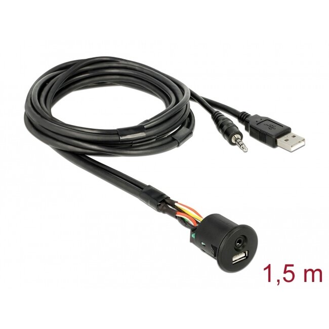 Delock Cable USB Type-A male + 3.5 mm 4 pin stereo jack male > female bulkhead USB Type-A female + 3.5 mm 4 pin female (audio) 1.5 m black