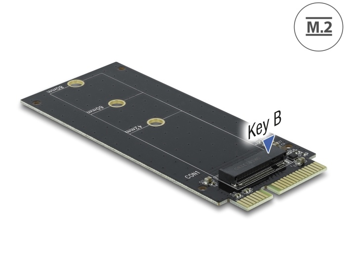 DeLOCK SATA 22 pin male to M.2 Key B slot. Hostinterface: SATA, Output interface: M.2. Data transfer snelheid (max): 6 Gbit/s. Breedte: 45 mm, Diepte: 97 mm, Hoogte: 4 mm. Type ver