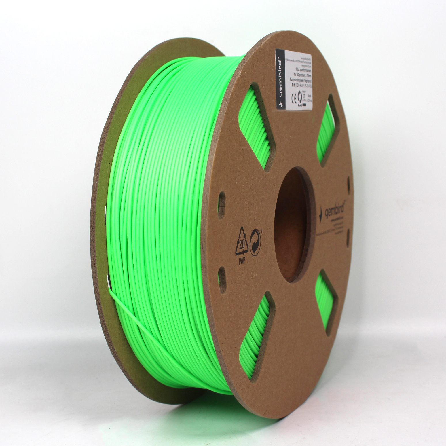 Gembird 3DP-PLA1.75-01-FG. Printmateriaal: Polymelkzuur, Printkleuren: Fluorescerend groen, Kerfslagsterkte: 5 kJ/m². Gewicht: 1 kg, Dichtheid: 1250 kg/m³, Diameter: 1,75 mm. Breed