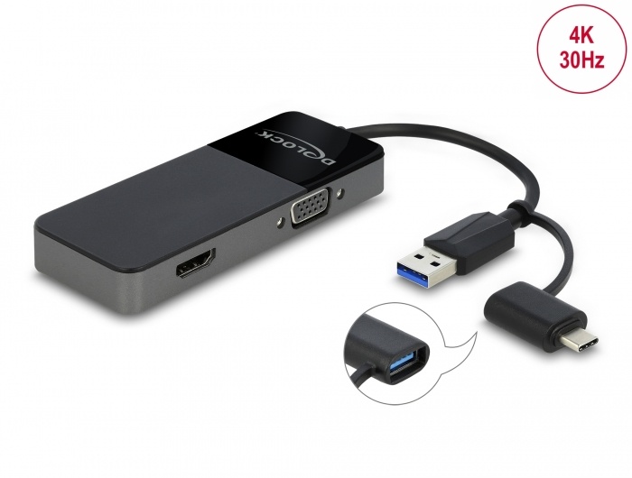 DeLOCK 64085. Hostinterface: USB 3.2 Gen 1 (3.1 Gen 1) Type-A, Hub-interfaces: HDMI, VGA. Maximale resolutie (HDMI): 3840 x 2160 Pixels, Kleur van het product: Zwart, Snoerlengte: