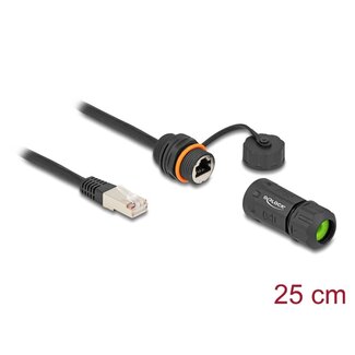 DeLOCK Delock Cable RJ45 plug to RJ45 jack Cat.6A for built-in with M20 thread and housing IP68 dust and waterproof 25 cm black