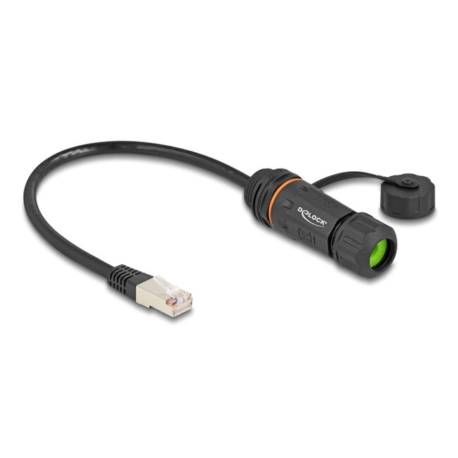 Delock Cable RJ45 plug to RJ45 jack Cat.6A for built-in with M20 thread and housing IP68 dust and waterproof 25 cm black
