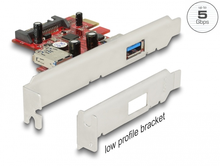 DeLOCK USB 3.0/PCI-E. Hostinterface: PCIe, Output interface: USB 3.0, Aansluiting(en): 1x 15-pin SATA. Chipset: NEC. Kleur van het product: Rood, Zilver. Overdrachtssnelheid: 5000