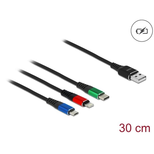 Delock USB Charging Cable 3 in 1 Type-A to Lightning™ / Micro USB / USB Type-C™ 30 cm 3-coloured