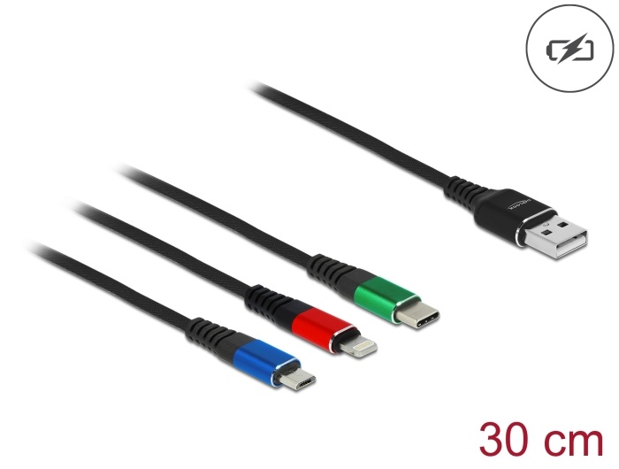 DeLOCK 87236. Snoerlengte: 0,3 m, Aansluiting 1: USB A, Aansluiting 2: Micro-USB B/Lightning/Apple 30-pin, USB-versie: USB 2.0, Kleur van het product: Zwart, Blauw, Groen, Rood