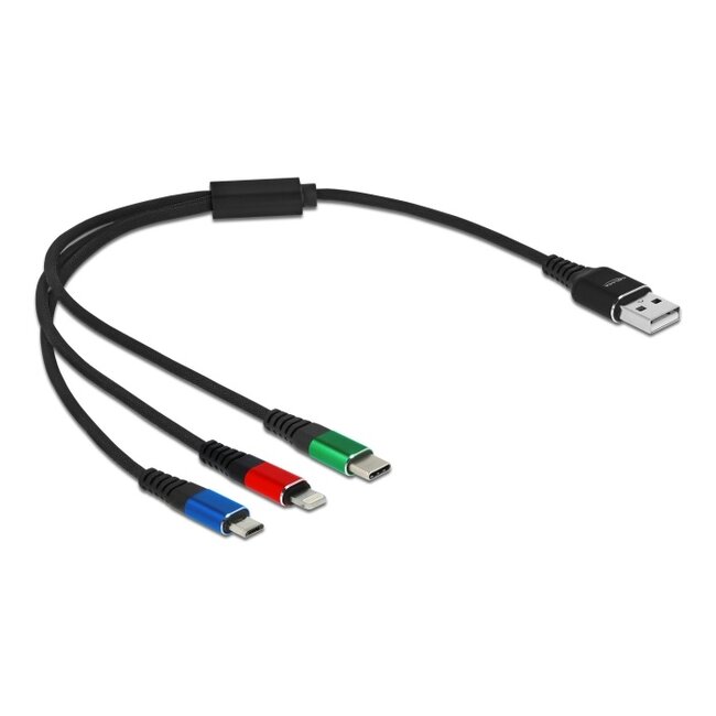 Delock USB Charging Cable 3 in 1 Type-A to Lightning™ / Micro USB / USB Type-C™ 30 cm 3-coloured