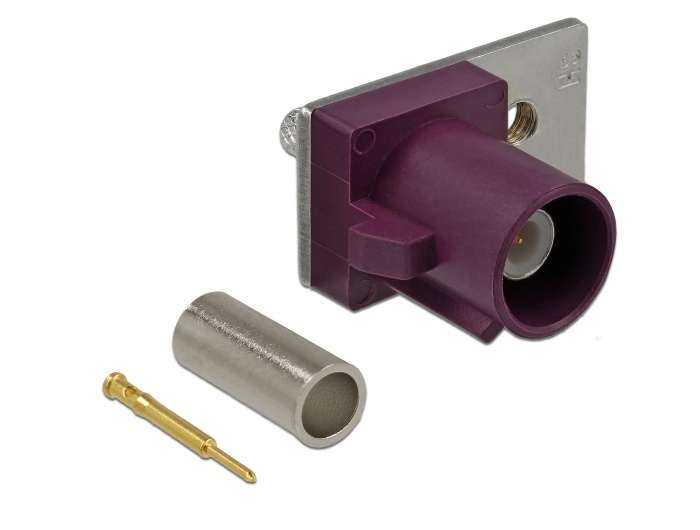 DeLOCK 89744. Aansluiting 1: FAKRA D, Geslacht connector: Mannelijk, Contact geleider materiaal: Goud. Breedte: 17,8 mm, Diepte: 19,5 mm, Hoogte: 7,5 mm. Type verpakking: Polybag