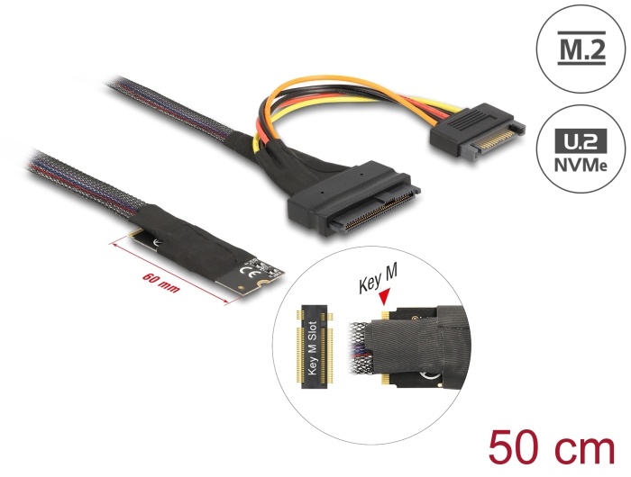 DeLOCK 62984, 67-pin M.2 Key M, U.2 SFF-8639/SATA 15-pin, 0,5 m, Zwart