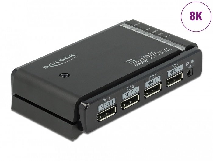 DeLOCK 87750. Aansluiting video: DisplayPort. Kleur van het product: Zwart, Materiaal: Metaal, Ondersteunde grafische resoluties: 7680 x 4320. AC-adapter ingangsspanning: 100 - 240