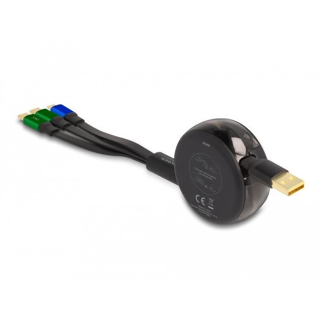 Delock USB 3 in 1 Retractable Charging Cable for Micro USB / 2 x USB Type-C™ with Fast Charging black