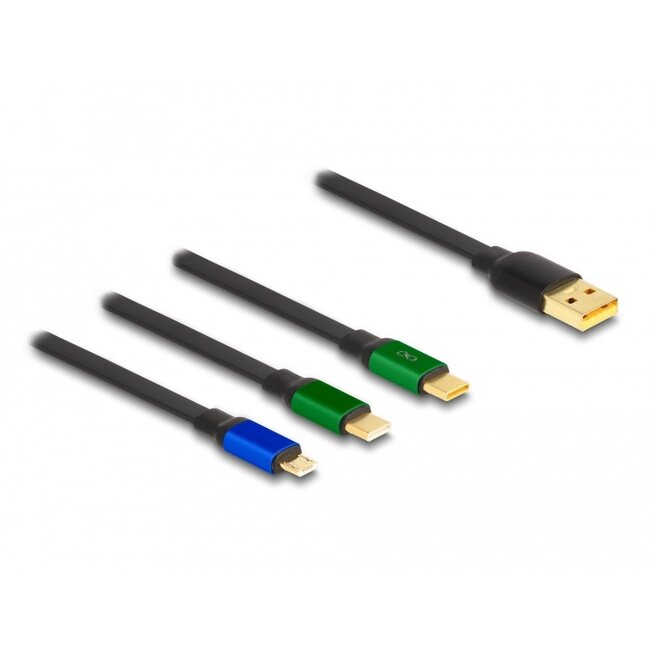 Delock USB 3 in 1 Retractable Charging Cable for Micro USB / 2 x USB Type-C™ with Fast Charging black
