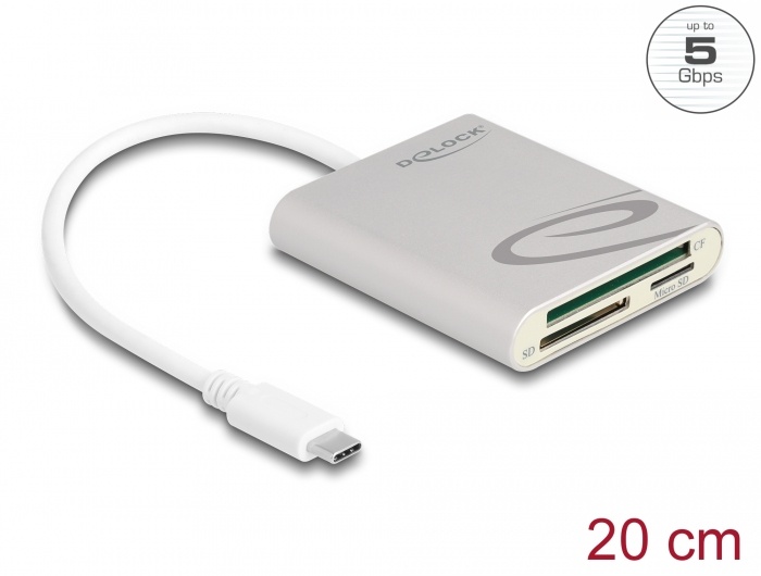 DeLOCK 91005. Compatibele geheugenkaarten: CF, MMC, MMCmicro, MicroSD (TransFlash), MicroSDHC, MicroSDXC, MiniSD, RS-MMC, SD, SDXC, Kleur van het product: Grijs, Overdrachtssnelhei