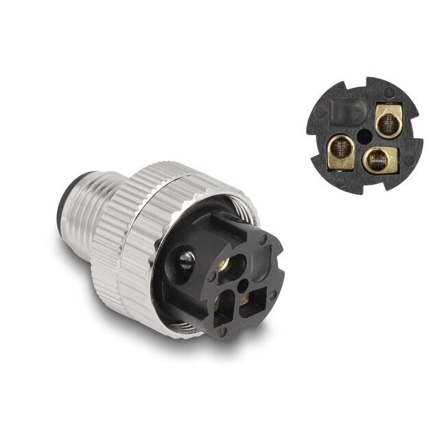 Delock M12 Connector A-coded 3 pin male for mounting with screw connection 90° angled metal