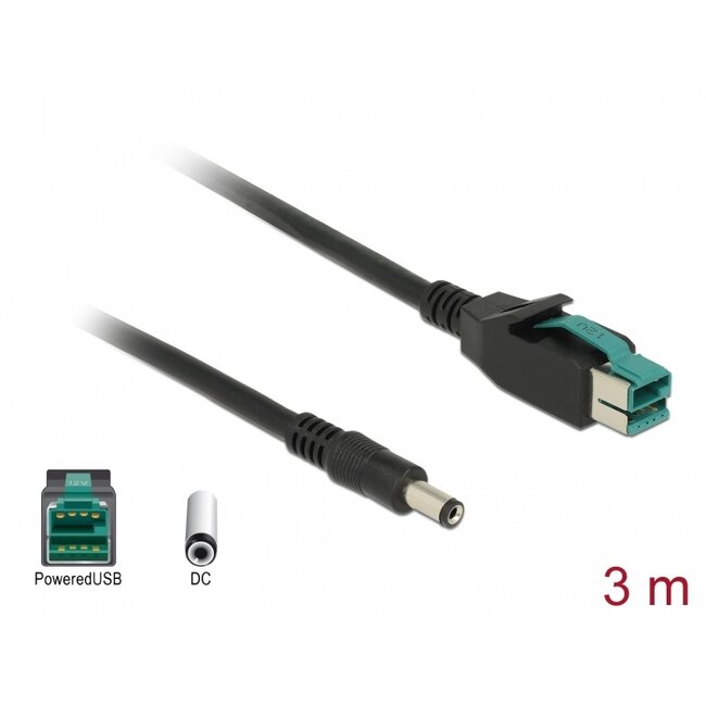 Delock PoweredUSB cable male 12 V > DC 5.5 x 2.1 mm male 3 m for POS printers and terminals