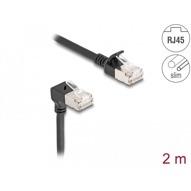 Delock RJ45 Network Cable Cat.6A S/FTP Slim 90° downwards angled / straight 2 m black